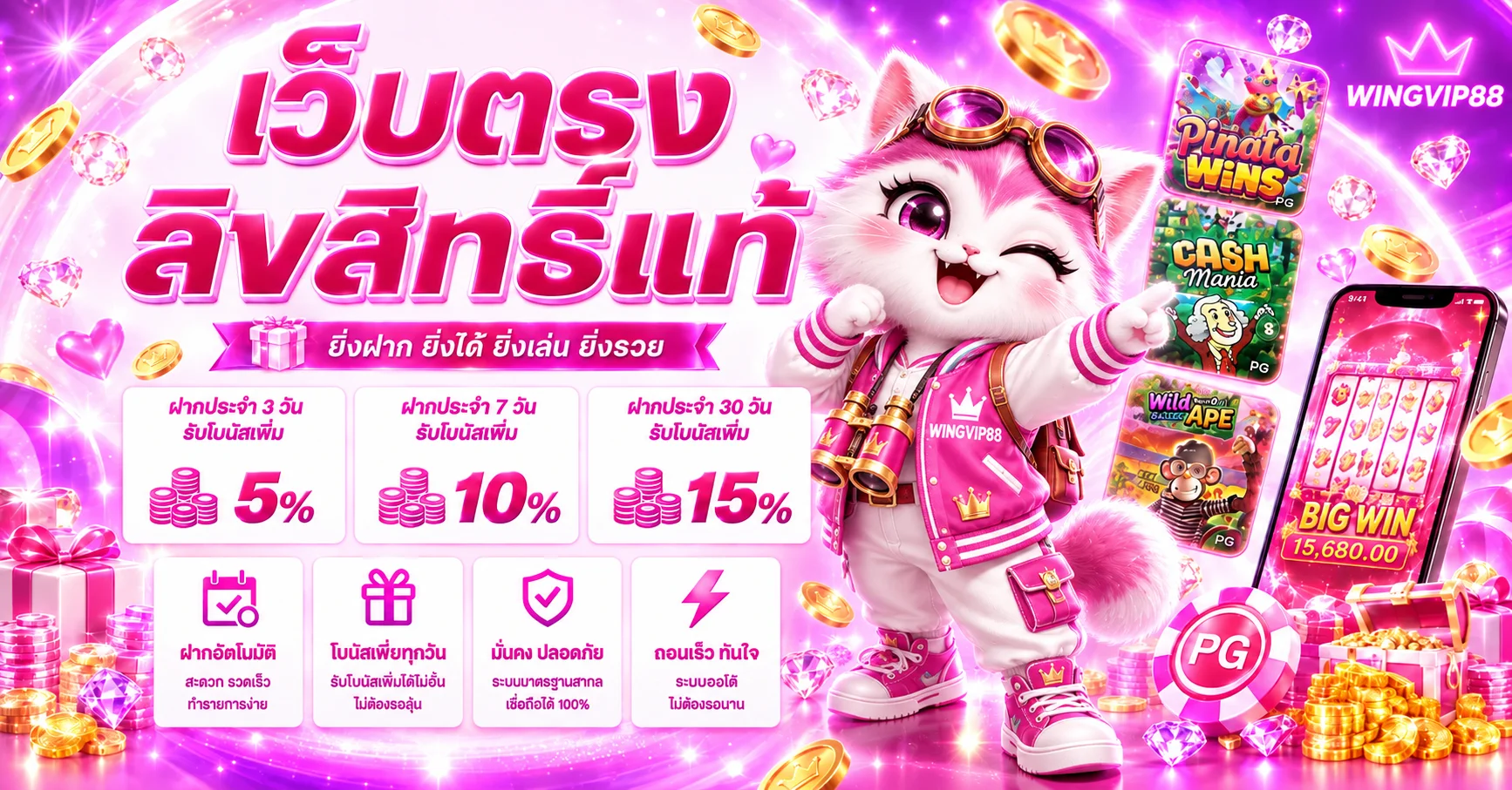 แบนเนอร์ WINGVIP88 สล็อต พร้อมเกมบนมือถือและมาสคอต